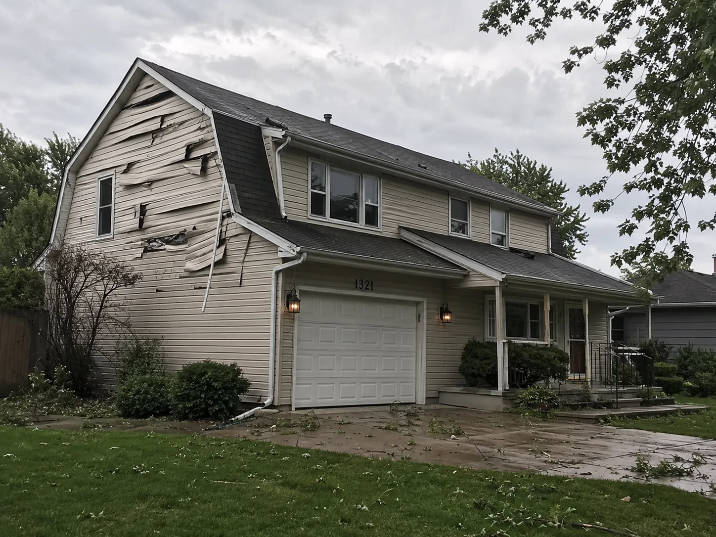 Storm-damaged siding on a home after severe weather