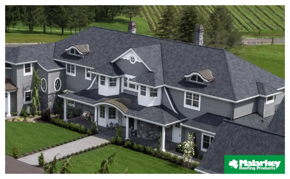 Home with Malarkey shingles in a dark roof color