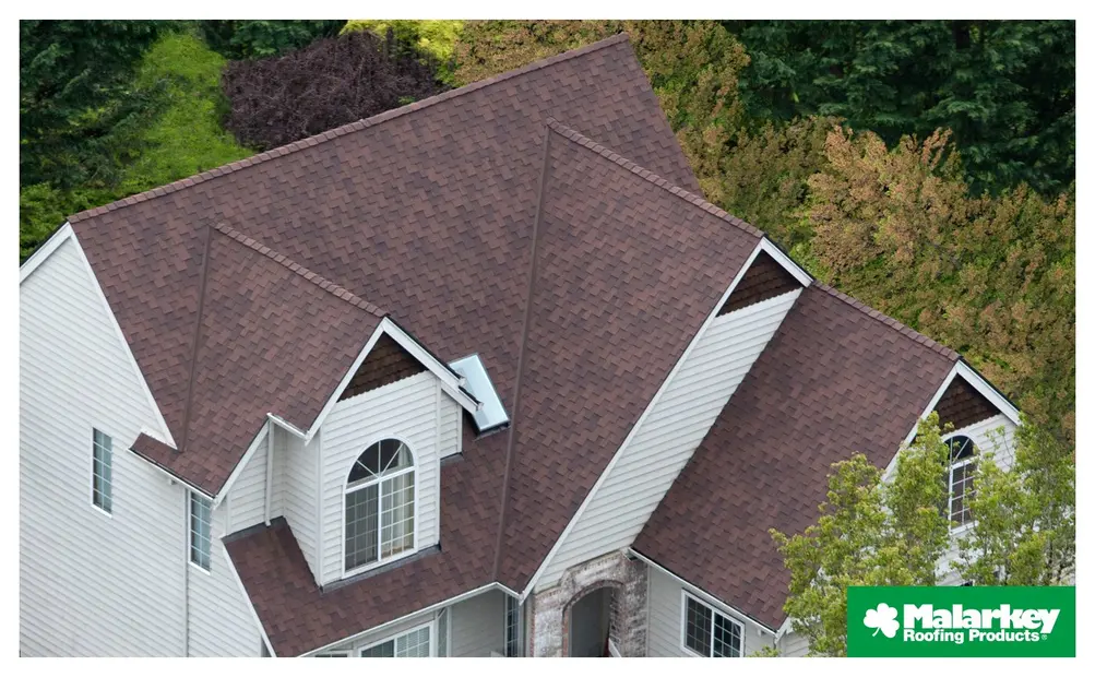 Brown Malarkey shingles on a residential roof