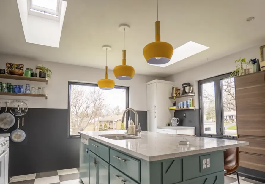 Kitchen with two skylights